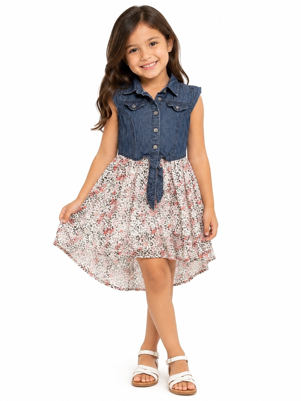 Guess Girls Blue Denim Tie-Front Top with Pink Floral High-Low Skirt Dress